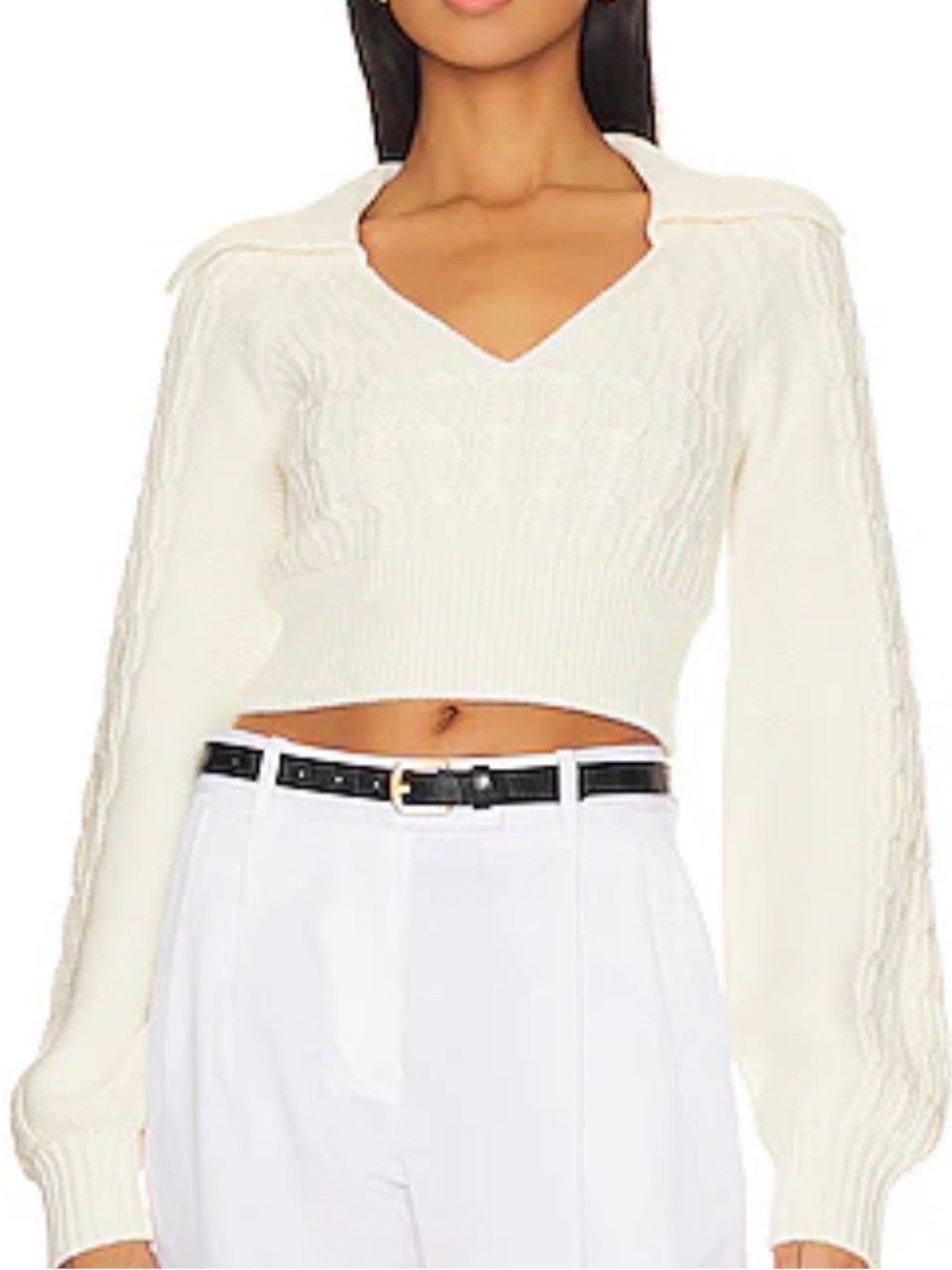 RARE Lovers + Friends Cropped Cream Cable-Knit V-Neck Sweater